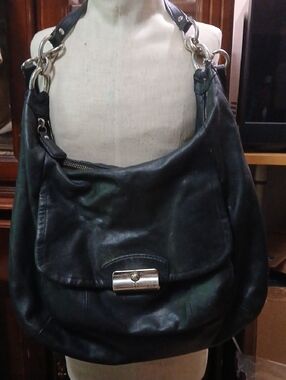 Black Leather Hobo Shoulder Bag with Silver Hardware, Med.size